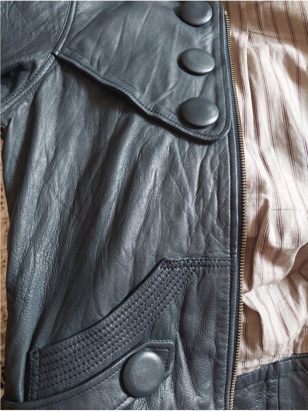 Mike & Chris Ash Blue Leather Hooded Bomber Jacket, Sz L/8 - Picture 5 of 8